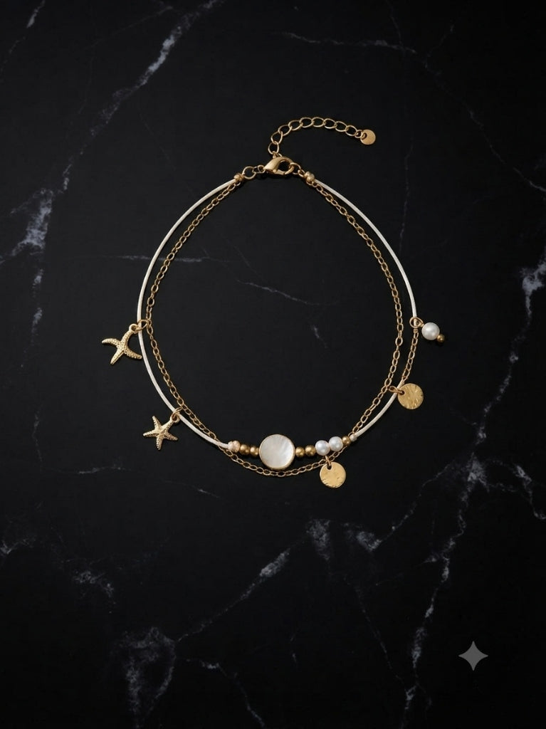 Bracelet Double Rang Étoiles de Mer, Nacre Ronde & Cordon Crème - Acier Inoxydable 316L