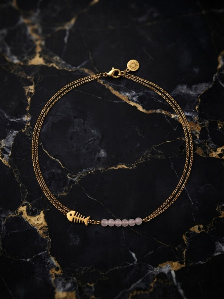Bracelet Poisson Tropical Doré & Quartz Rose - Acier Inoxydable 316L
