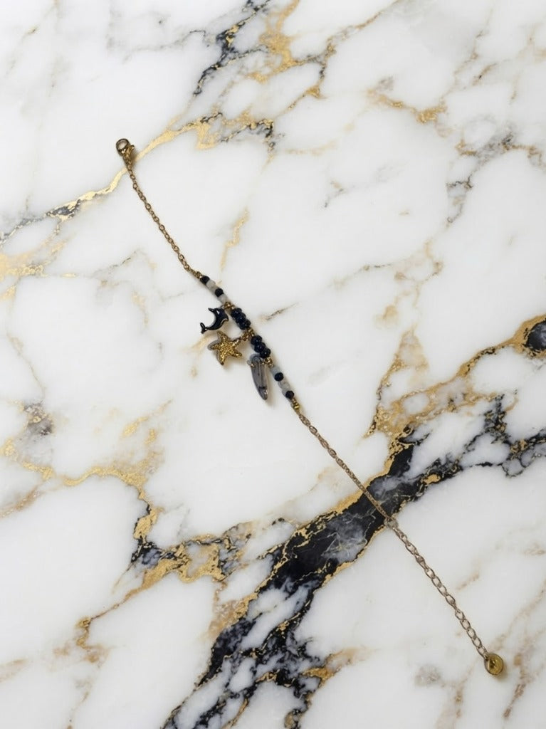 Bracelet Étoile de Mer & Dauphin Onyx Noir - Acier Inoxydable 316L