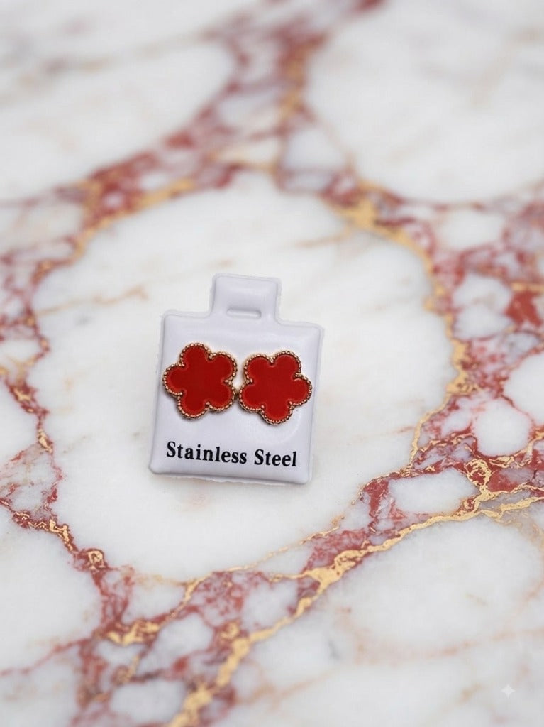 Boucles d'Oreilles Trèfle Cornaline Rouge & Or - Acier Inoxydable 316L
