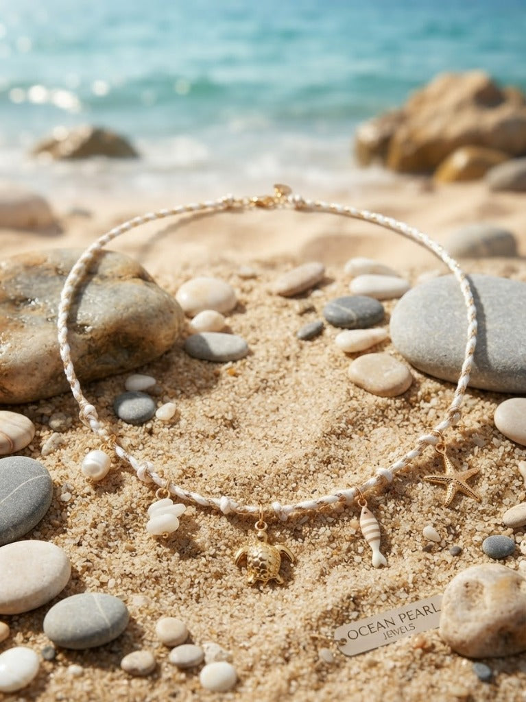 Collier Cordon Tressé Blanc & Doré avec Tortue Marine Dorée 3D, Poisson Rayé, Étoile de Mer & Perle de Nacre - Acier Inoxydable 316L