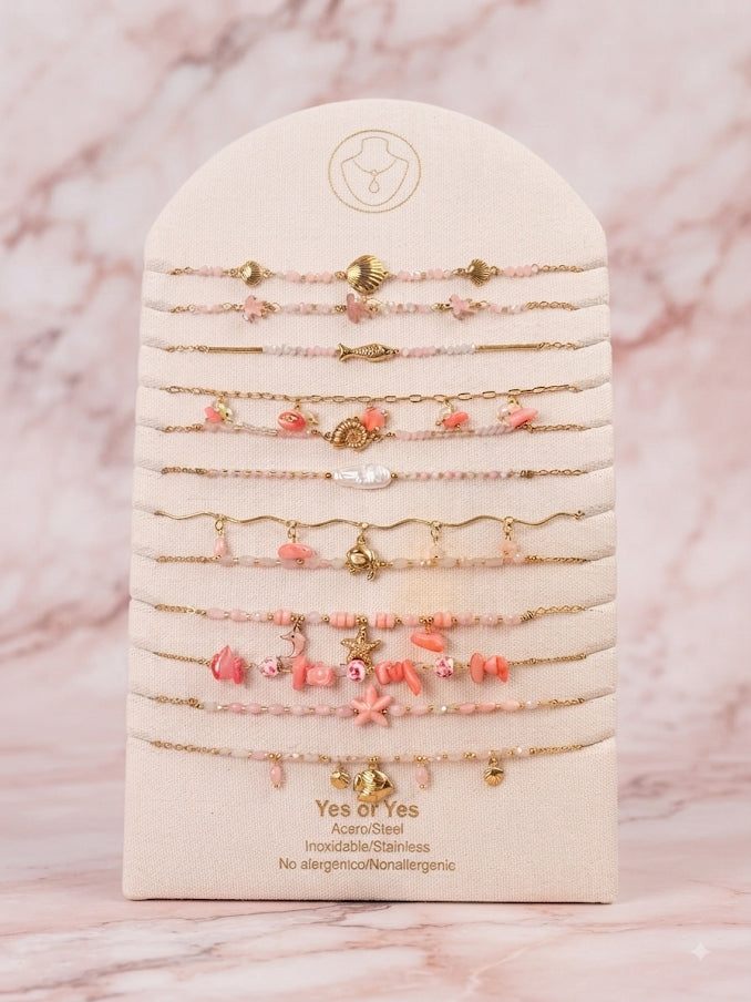 Présentoir Revendeur 12 Colliers Acier Inox - Thème Quartz Rose, Corail Pêche & Coquillages
