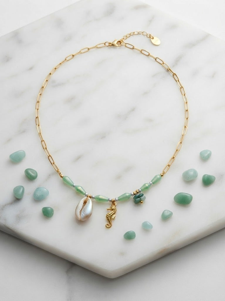 Collier Maille Rectangulaire & Perles Facettées Vert d'Eau, Cauris Nacre & Hippocampe - Acier Inoxydable 316L