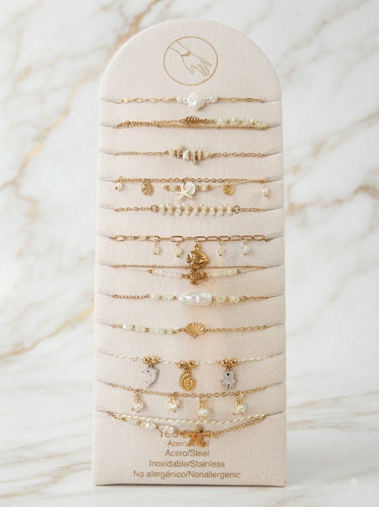 Présentoir Revendeur 12 Bracelets Acier Inox - Thème Nacre Blanche, Coquillages & Pendentifs Marins