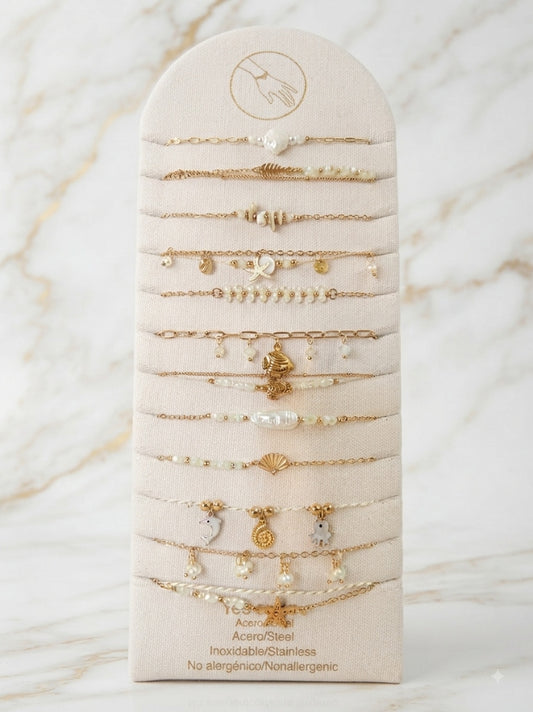 Présentoir Revendeur 12 Bracelets Acier Inox - Thème Nacre Blanche, Coquillages & Pendentifs Marins