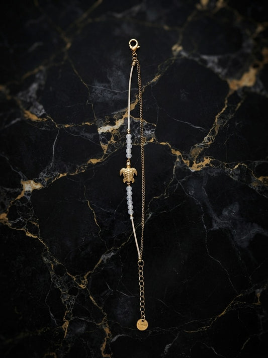 Bracelet Double Rang Tortue Marine Dorée, Pierre de Lune & Cordon Crème - Acier Inoxydable 316L