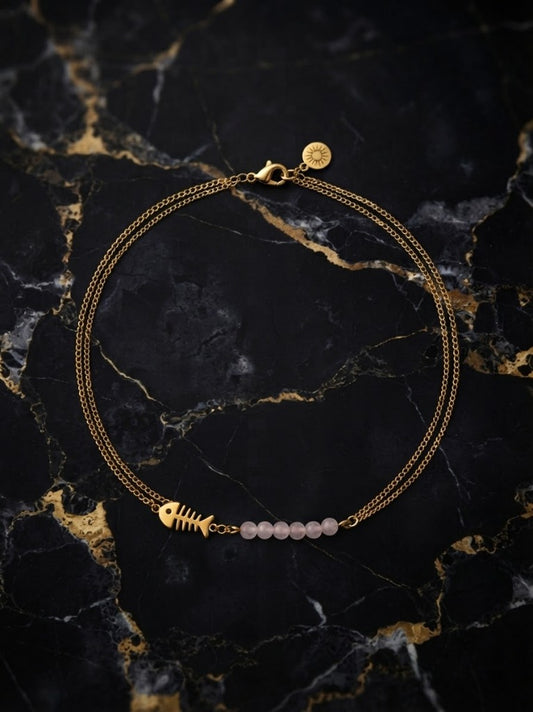 Bracelet Poisson Tropical Doré & Quartz Rose - Acier Inoxydable 316L
