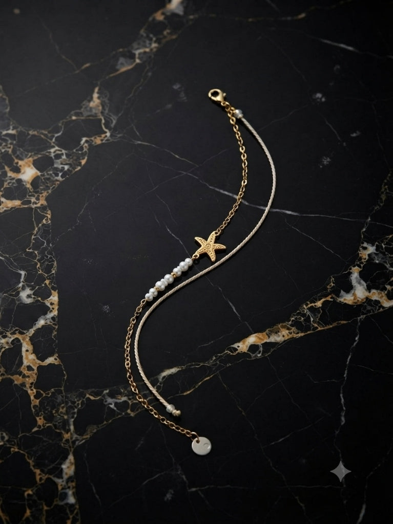 Bracelet Étoile de Mer Dorée, Perles de Nacre & Cordon Tressé - Acier Inoxydable 316L