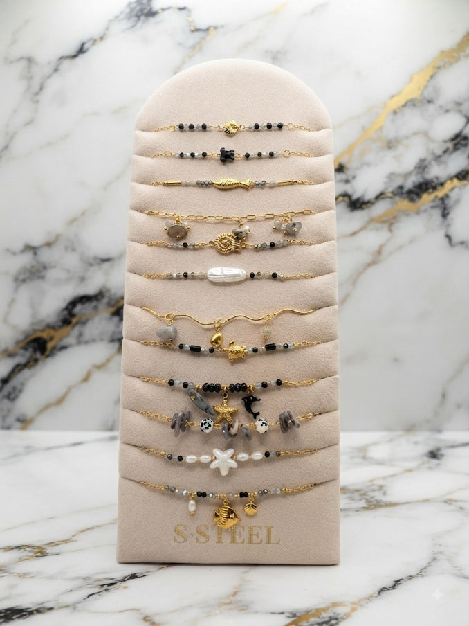 Présentoir Revendeur 12 Bracelets Acier Inox - Thème Onyx Noir, Pierre de Lune & Nacre (S.STEEL)
