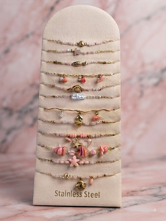 Présentoir Revendeur 12 Bracelets Acier Inox - Thème Corail Rose, Nacre & Étoiles de Mer