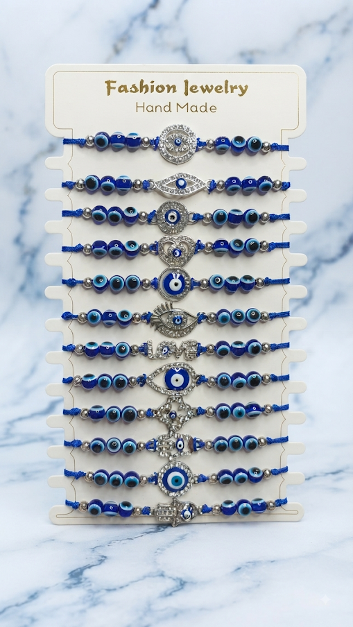 Présentoir Revendeur 12 Bracelets - Thème Bleu Roi, Œil Protecteur & Cristaux Argenté