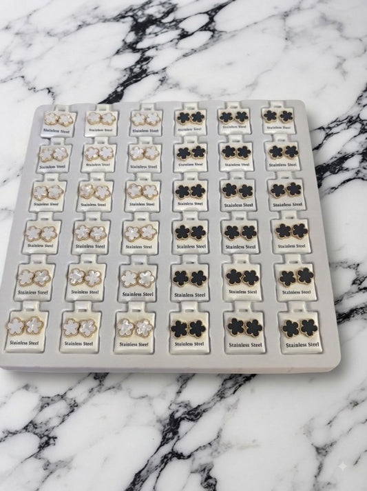 Pack Revendeur Présentoir 36 Paires Boucles d'Oreilles Trèfle Acier Inox (Nacre Blanche & Onyx Noir)