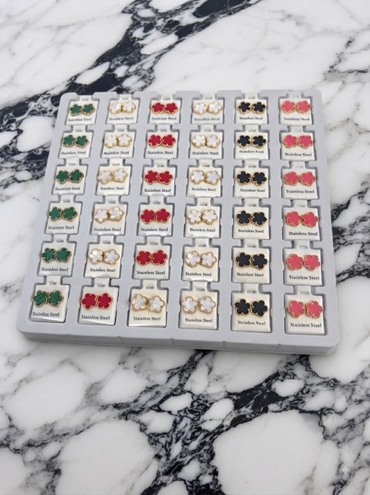 Pack Revendeur Présentoir 36 Paires Boucles d'Oreilles Trèfle Acier Inox (Multicolore 5 Couleurs)