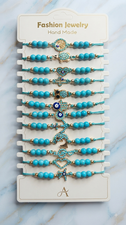Présentoir Revendeur 12 Bracelets - Thème Turquoise, Œil Protecteur & Main de Fatma