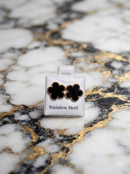 Boucles d'Oreilles Trèfle Onyx Noir & Or - Acier Inoxydable 316L