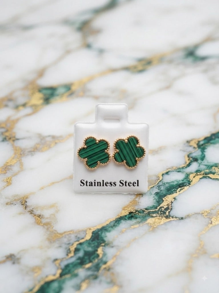 Boucles d'Oreilles Trèfle Malachite Vert Émeraude & Or - Acier Inoxydable 316L