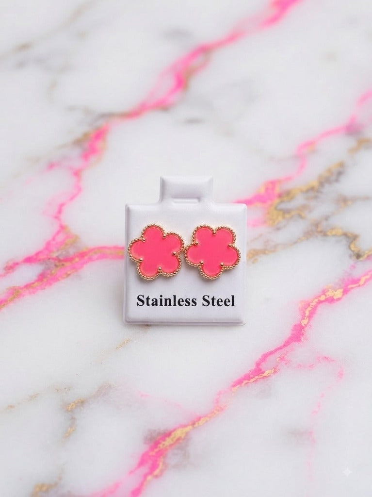 Boucles d'Oreilles Trèfle Rose Bonbon & Or - Acier Inoxydable 316L