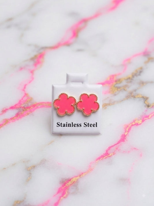 Boucles d'Oreilles Trèfle Rose Bonbon & Or - Acier Inoxydable 316L