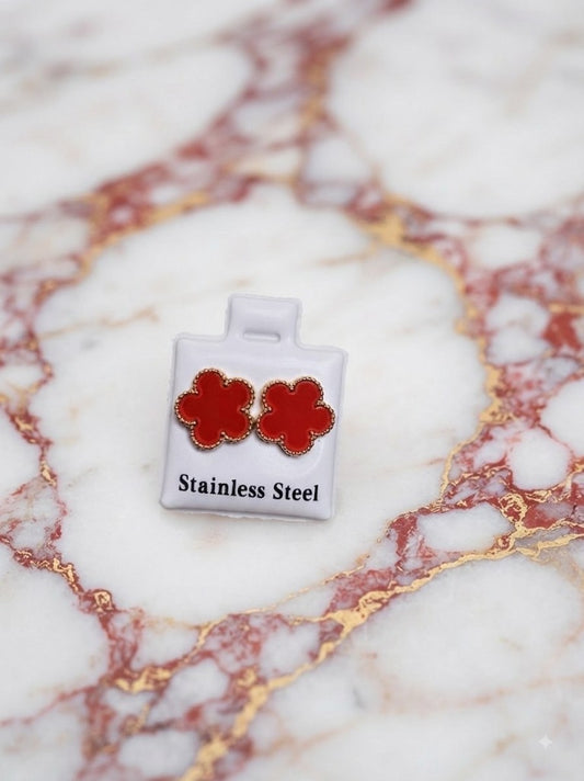 Boucles d'Oreilles Trèfle Cornaline Rouge & Or - Acier Inoxydable 316L
