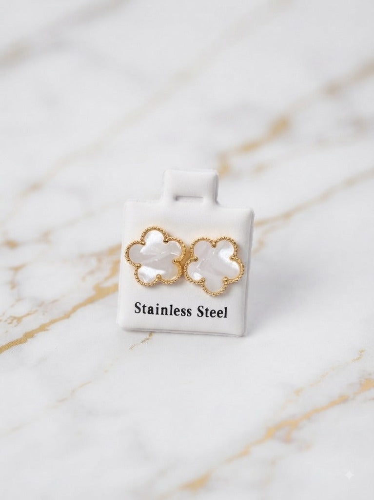 Boucles d'Oreilles Trèfle Nacre Blanche & Or - Acier Inoxydable 316L