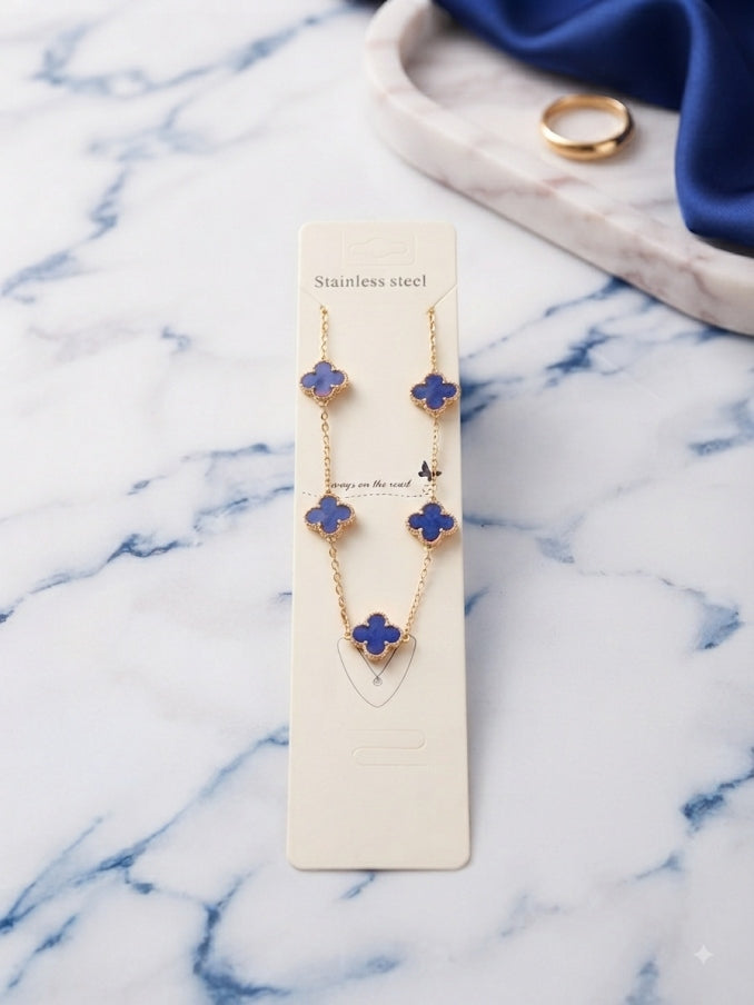 Collier 5 Trèfles Bleu Roi Lapis-Lazuli & Or - Acier Inoxydable 316L