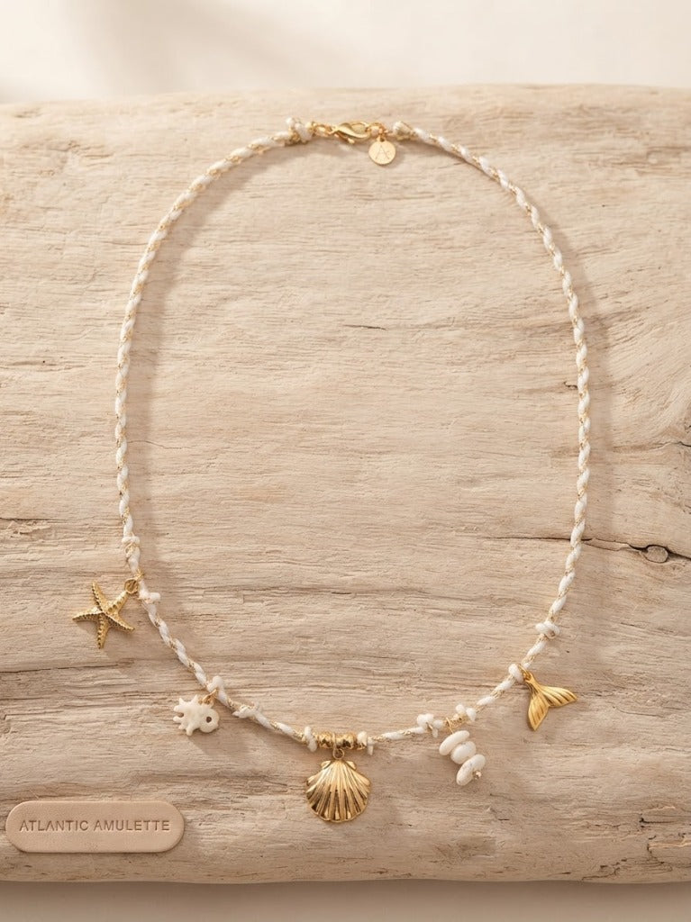 Collier Cordon Tressé Blanc & Doré avec Coquillage Peigne Doré 3D, Sirène & Étoile de Mer Nacre - Acier Inoxydable 316L