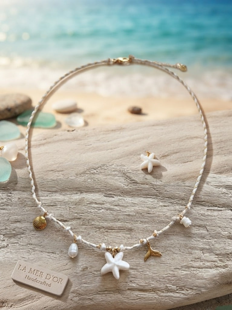 Collier Cordon Tressé Blanc & Doré avec Étoile de Mer Sculptée en Nacre, Sirène & Coquillage - Acier Inoxydable 316L