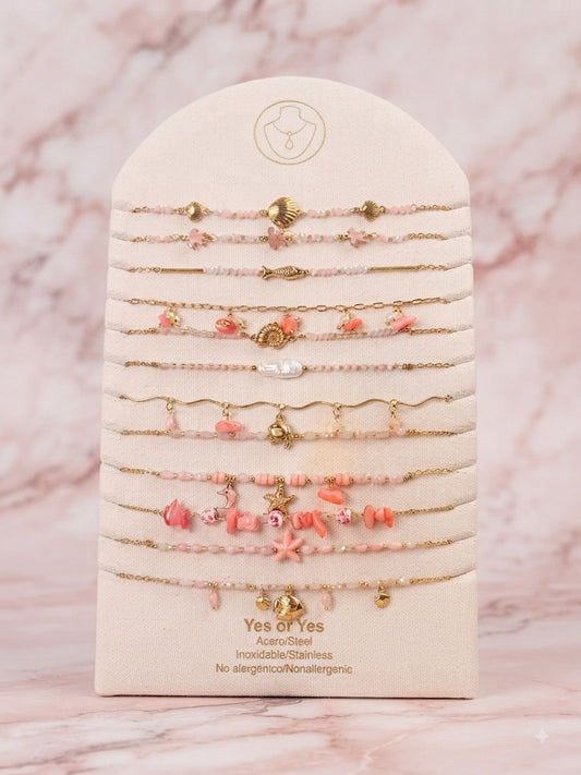 Présentoir Revendeur 12 Colliers Acier Inox - Thème Quartz Rose, Corail Pêche & Coquillages