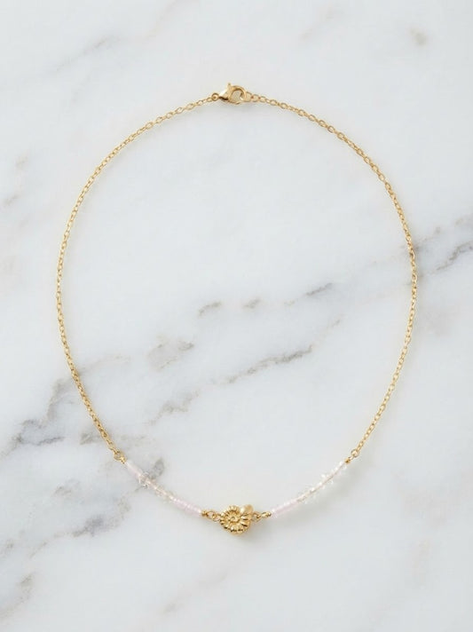 Collier Maille Fine Dorée avec Pendentif Coquillage Ammonite Doré 3D & Perles Fines de Quartz Rose - Acier Inoxydable 316L