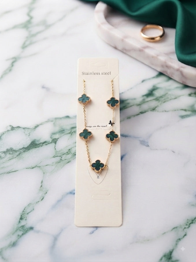 Collier 5 Trèfles Vert Malachite & Or - Acier Inoxydable 316L