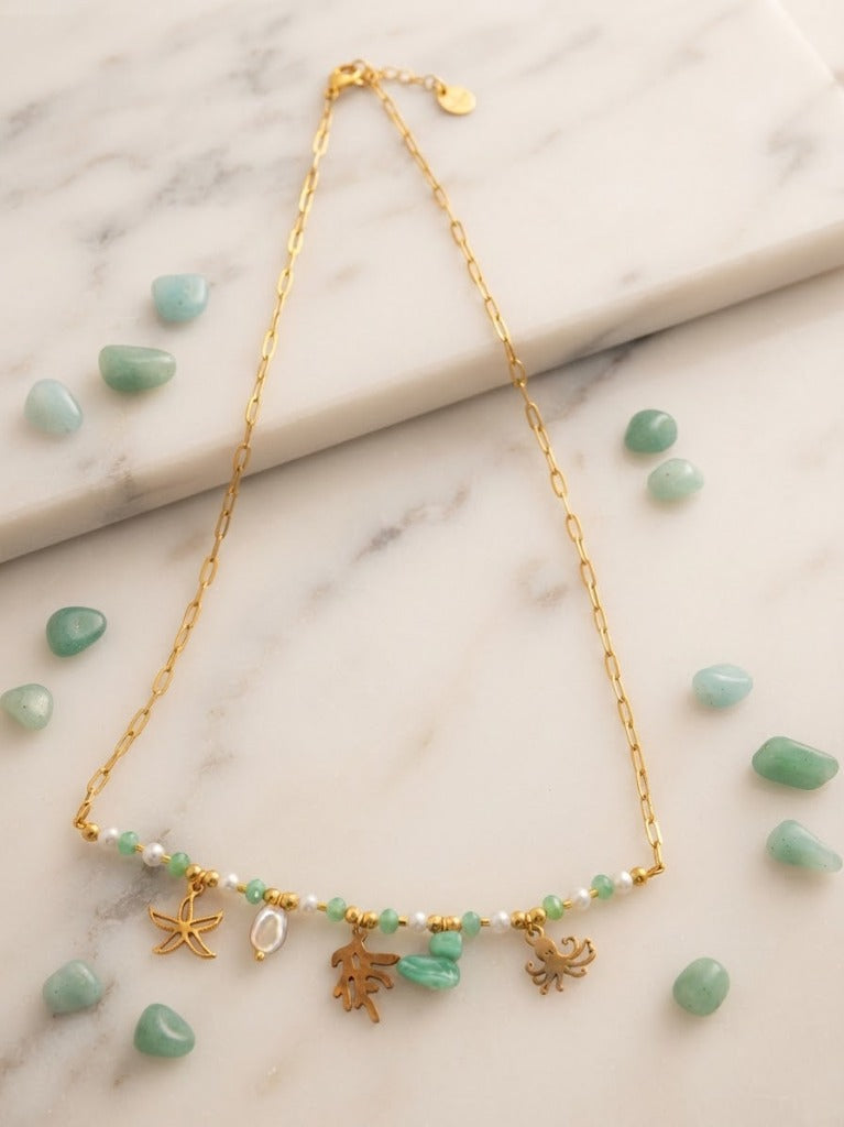 Collier Maille Rectangulaire & 5 Charms Marins Pieuvre, Corail Doré, Perle Baroque & Touches Bleu Clair / Vert d'Eau - Acier Inoxydable 316L
