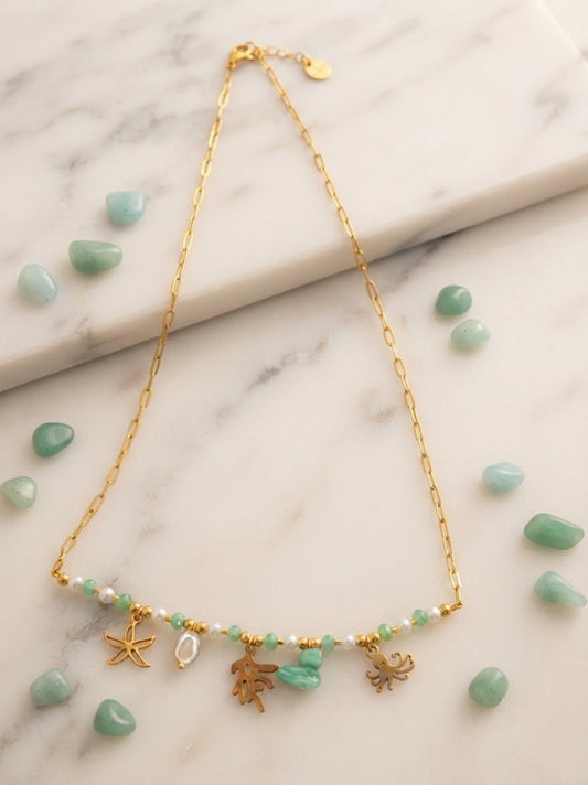 Collier Maille Rectangulaire & 5 Charms Marins Pieuvre, Corail Doré, Perle Baroque & Touches Bleu Clair / Vert d'Eau - Acier Inoxydable 316L