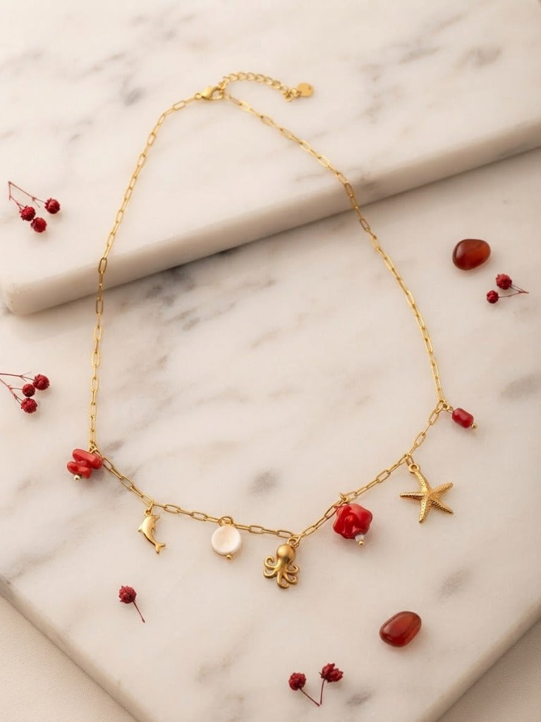 Collier Maille Rectangulaire & 7 Charms Marins Pieuvre, Dauphin, Corail Rouge Vif & Pastille Nacre - Acier Inoxydable 316L
