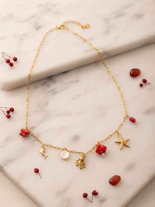 Collier Maille Rectangulaire & 7 Charms Marins Pieuvre, Dauphin, Corail Rouge Vif & Pastille Nacre - Acier Inoxydable 316L