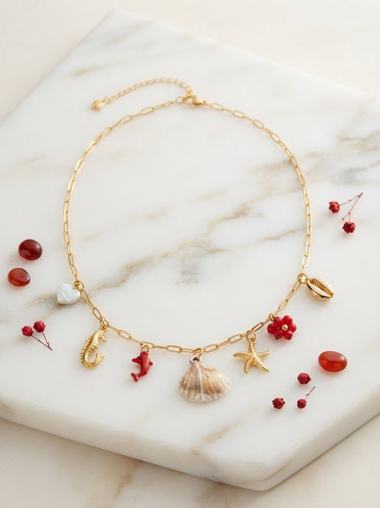 Collier Maille Rectangulaire & 7 Charms Marins Dauphin Rouge Vif, Coquillage Naturel & Nacre - Acier Inoxydable 316L
