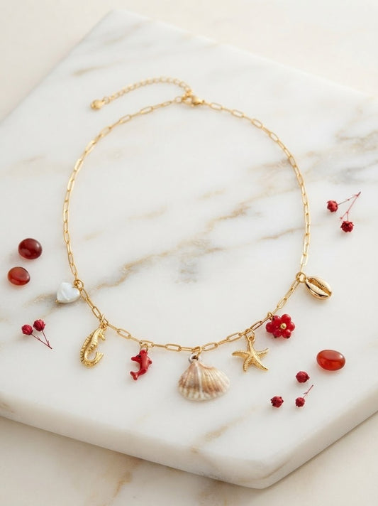 Collier Maille Rectangulaire & 7 Charms Marins Dauphin Rouge Vif, Coquillage Naturel & Nacre - Acier Inoxydable 316L
