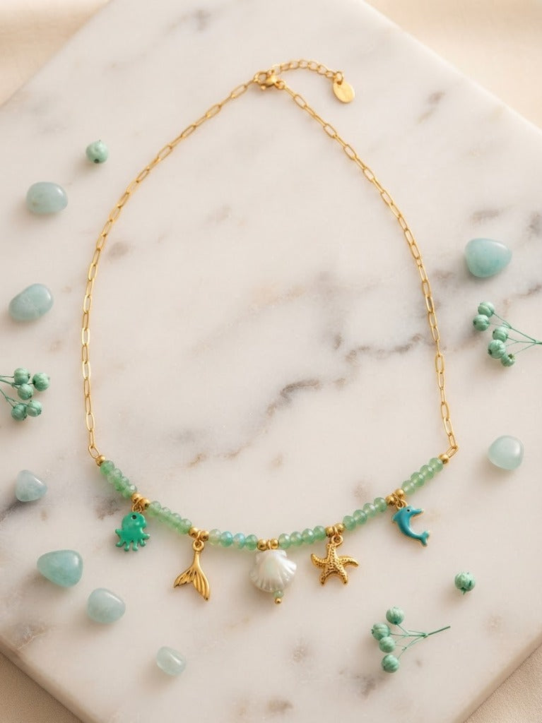 Collier Maille Rectangulaire & 5 Charms Marins Pieuvre Vert d'Eau, Dauphin Turquoise & Coquillage Nacre - Acier Inoxydable 316L