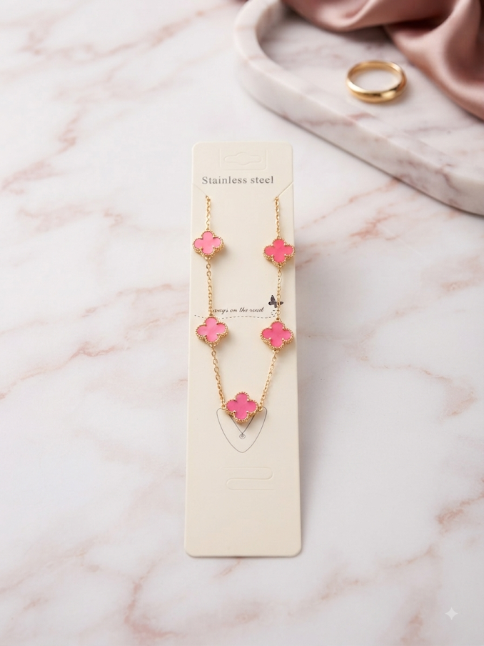 Collier 5 Trèfles Rose Bonbon & Or - Acier Inoxydable 316L
