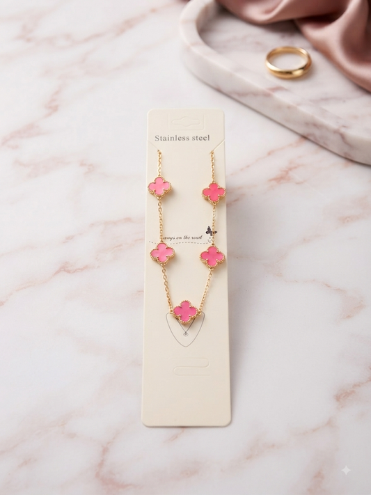 Collier 5 Trèfles Rose Bonbon & Or - Acier Inoxydable 316L
