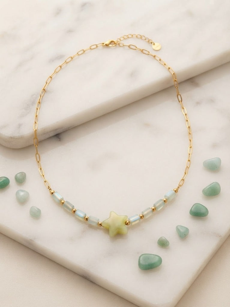 Collier Maille Rectangulaire & Étoile de Mer Sculptée Vert d'Eau, Perles Opalescentes Bleu Clair - Acier Inoxydable 316L